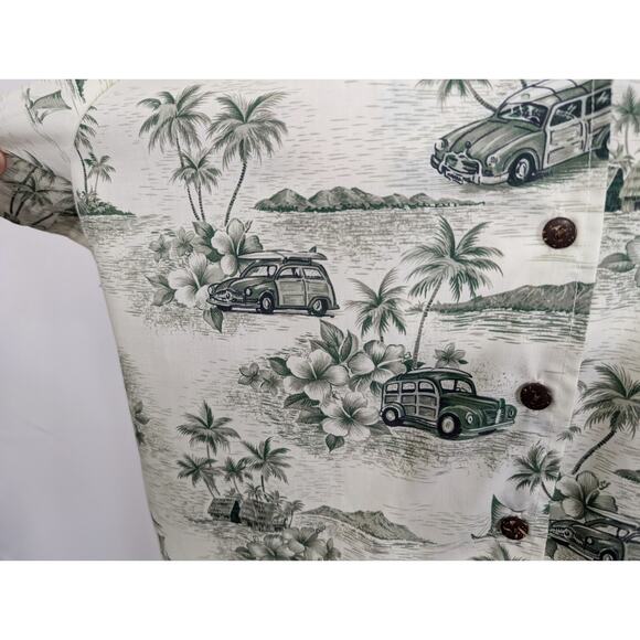 Vintage Y2K Blouse Green Hawaiian Surfing Cars Top Misses Size L Hilo Hattie - Picture 3 of 7